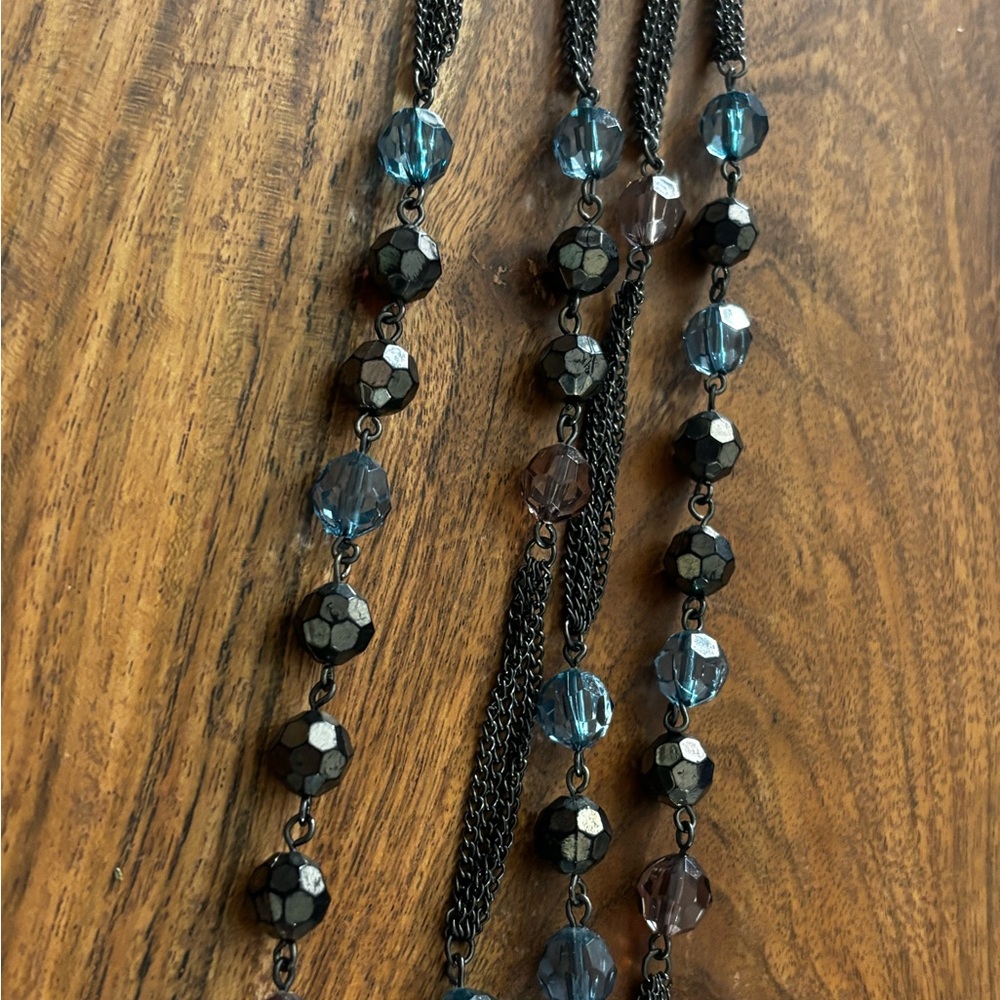 Vintage Express gunmetal chain black , blue beads 28 inches